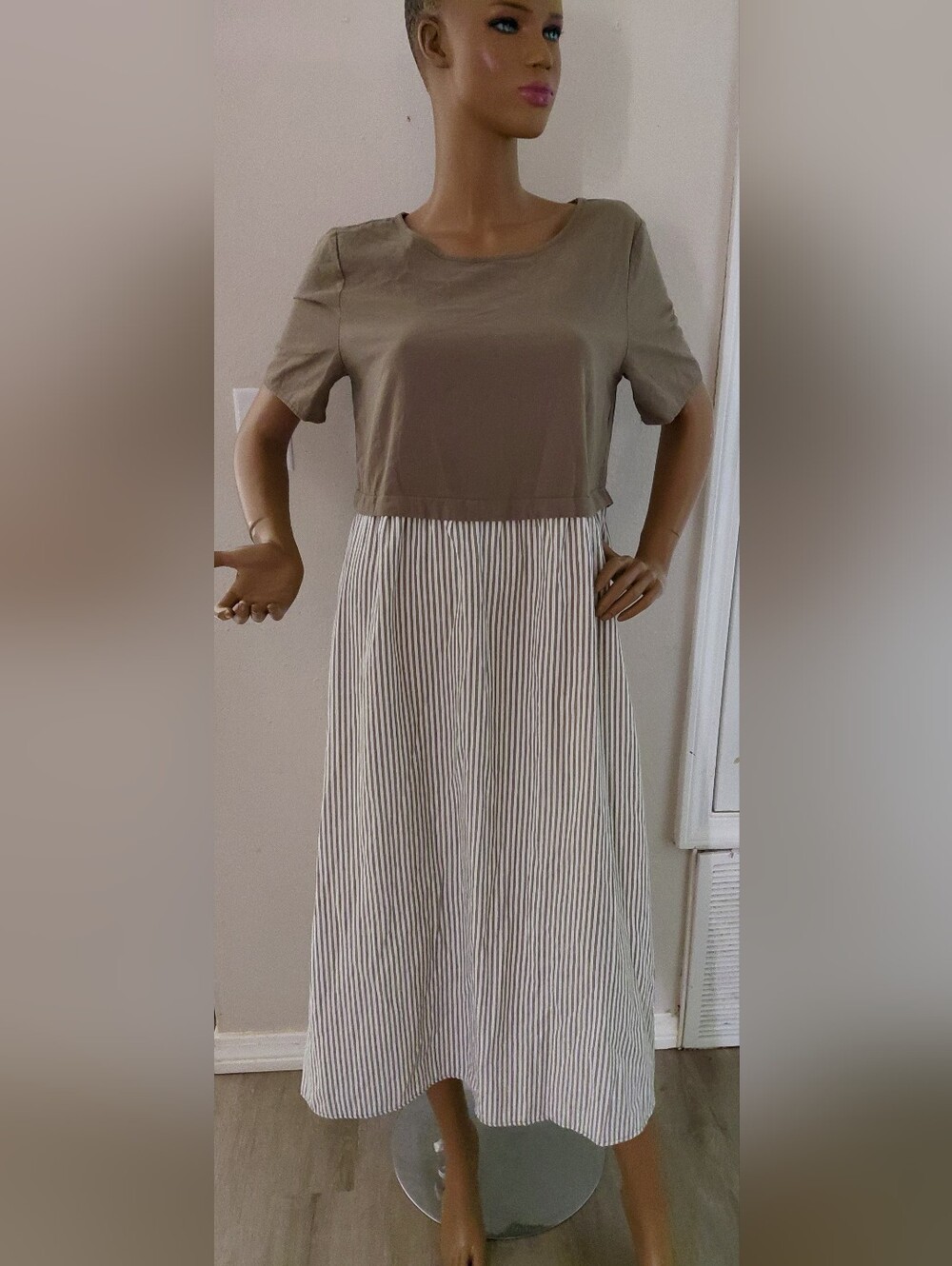 Two-Tone Short Sleeve Maxi Dress in Taupe and White Stripe